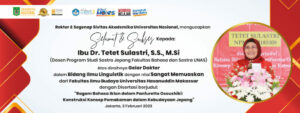 Rektor & Segenap Sivitas Akademika UnSelamat & Sukses Kepada: Ibu Dr. Tetet Sulastri, S.S., M.Si (Ketua Program Studi Magister Linguistik Fakultas Bahasa dan Sastra UNAS) Atas diraihnya Gelar Doktor dalam Bidang Ilmu Linguistik dengan nilai Sangat Memuaskan