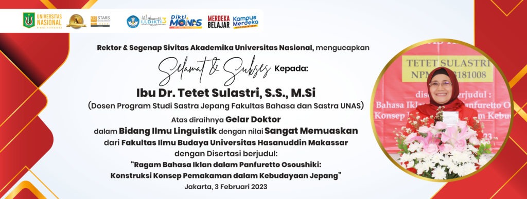 Read more about the article Rektor & Segenap Sivitas Akademika UnSelamat & Sukses Kepada: Ibu Dr. Tetet Sulastri, S.S., M.Si (Ketua Program Studi Magister Linguistik Fakultas Bahasa dan Sastra UNAS) Atas diraihnya Gelar Doktor dalam Bidang Ilmu Linguistik dengan nilai Sangat Memuaskan